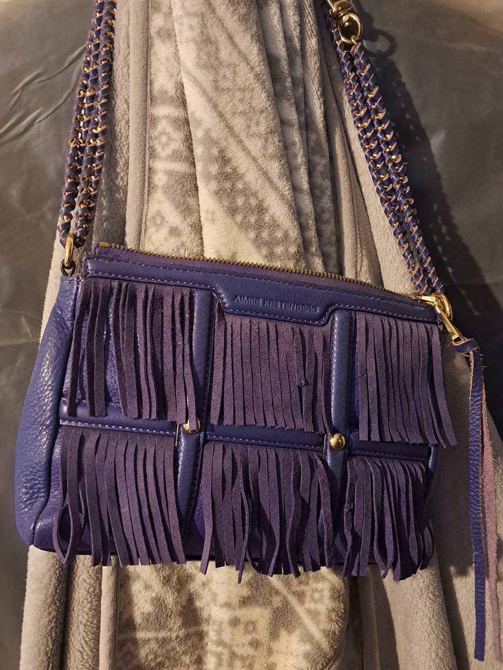 Aimee Kestenberg Purple Leather Fringe Crossbody with Chain Strap